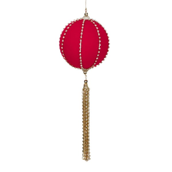 FABR.MET.BALL W/TASSEL ORN RD/GLD 30,5CM