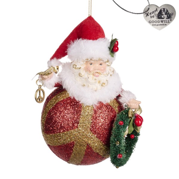 + LOVE/PEACE SANTA ON BALL ORN RD/GLD 16,5CM