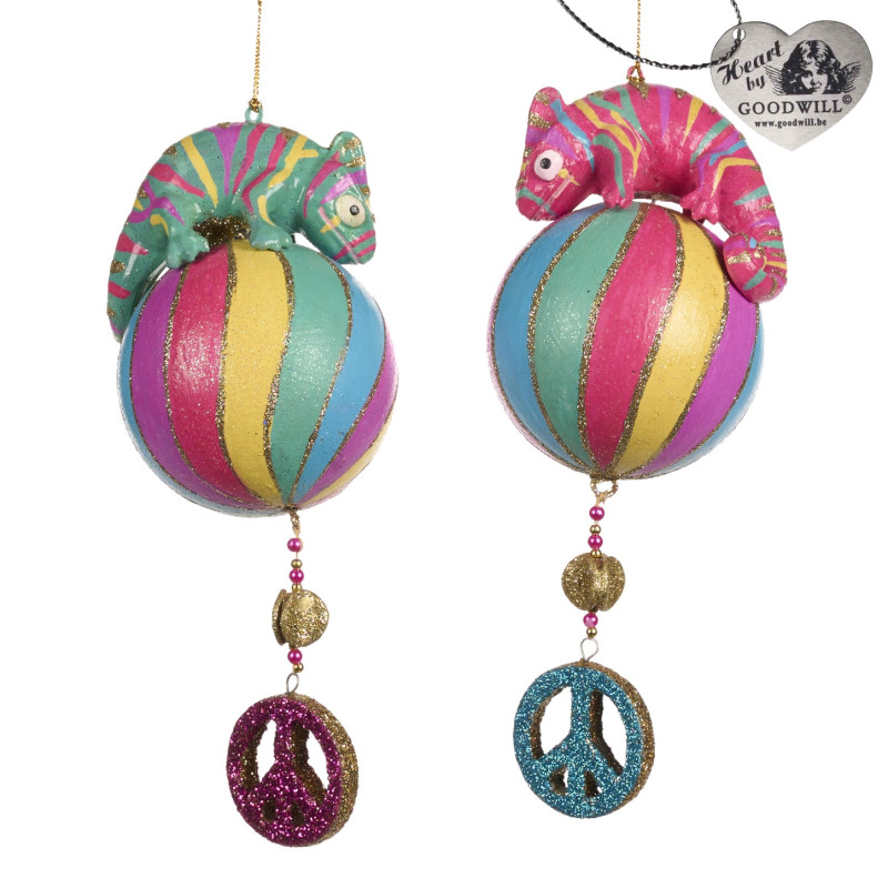 +LOVE/PEACE CHAMELEON ON BALL ORN ASS/2 MULTI 18CM