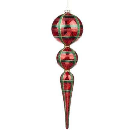 + GLSS ANT.TARTAN BALL FINIAL ORN RD/GRN/GLD 39CM