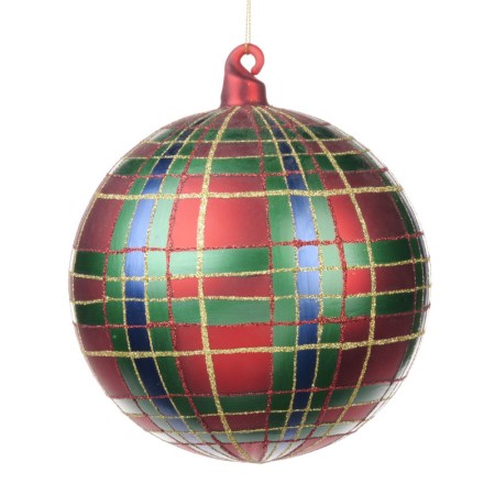 + GLSS GLT TARTAN BALL ORN RD/GRN/BLU/GLD 15CM