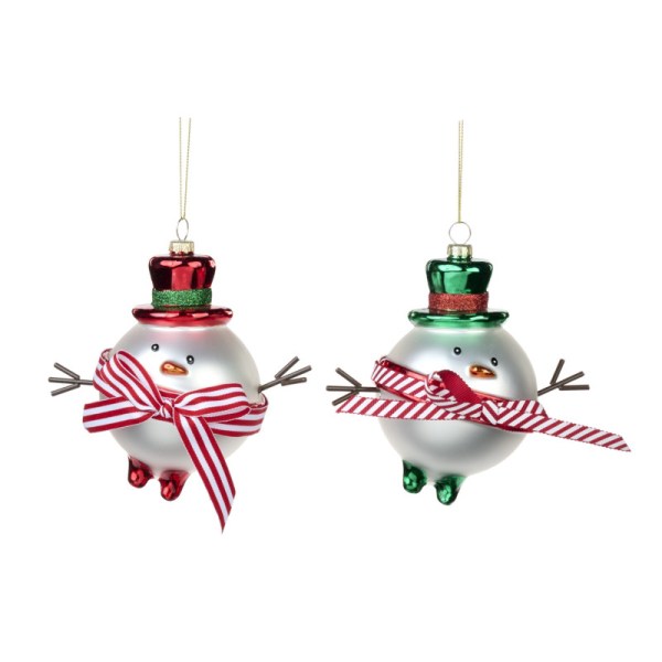 + GLSS RND SNOWMAN W/BOW ORN ASS/2 WH/RD/GRN 15CM