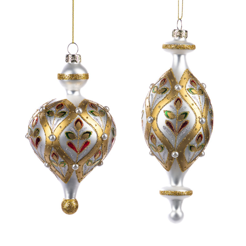 GLSS PEARL NET FINIAL ORN ASS/2 CRM/GLD 19,5CM