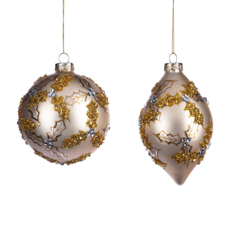 GLSS SEQ.HOLLY BALL/FIN.ORN ASS/2 CRM/GLD 11,5CM