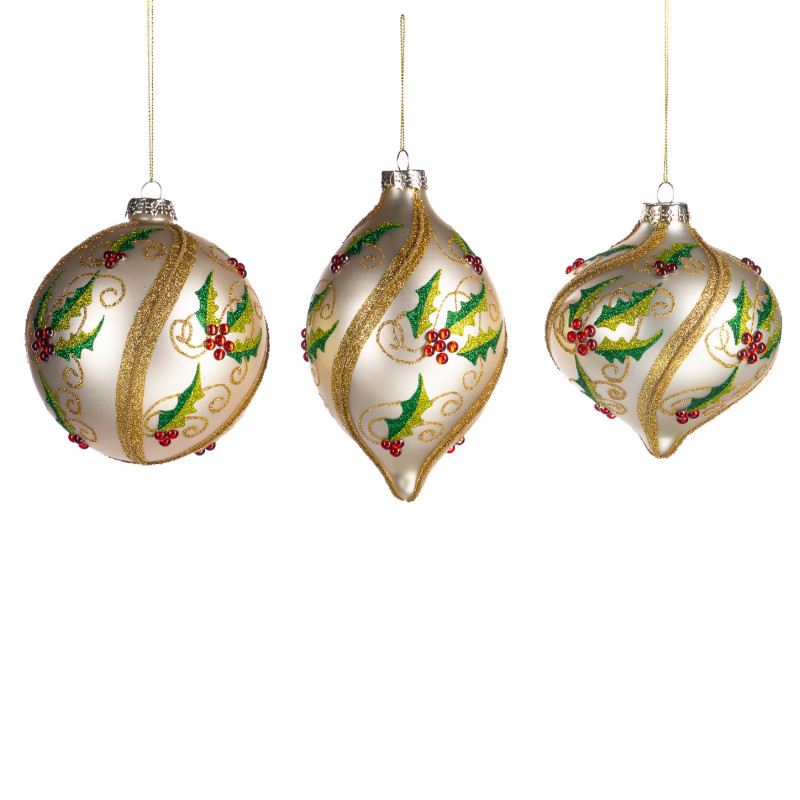 GLSS HOLLY BALL/FIN.ORN ASS/3 CRM/GLD/GRN 13CM