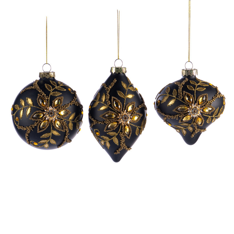 GLSS JEWEL FLOWER BALL/FIN.ORN ASS/3 BLK/GLD 11,5CM