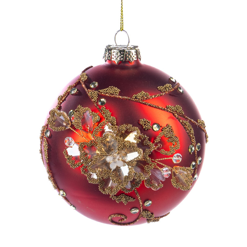 GLSS 3D BEAD.FLOWER BALL RD/GLD 10CM