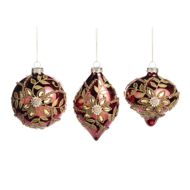 GLSS JEWEL FLOWER BALL/FIN.ORN ASS/3 RD/GLD 10CM