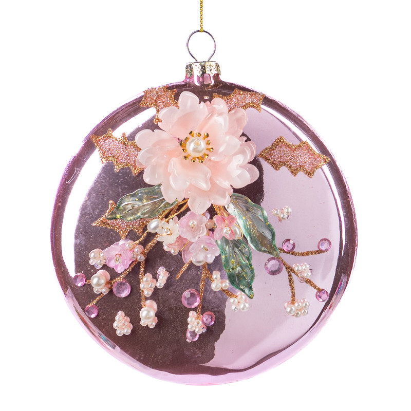 GLSS 3D FLOWER DISC ORN PNK/GRN 12CM