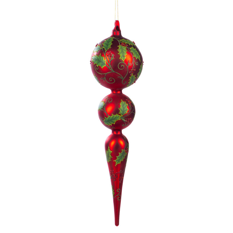 GLSS HOLLY 2 BALL FINIAL ORN RD/GRN 48CM