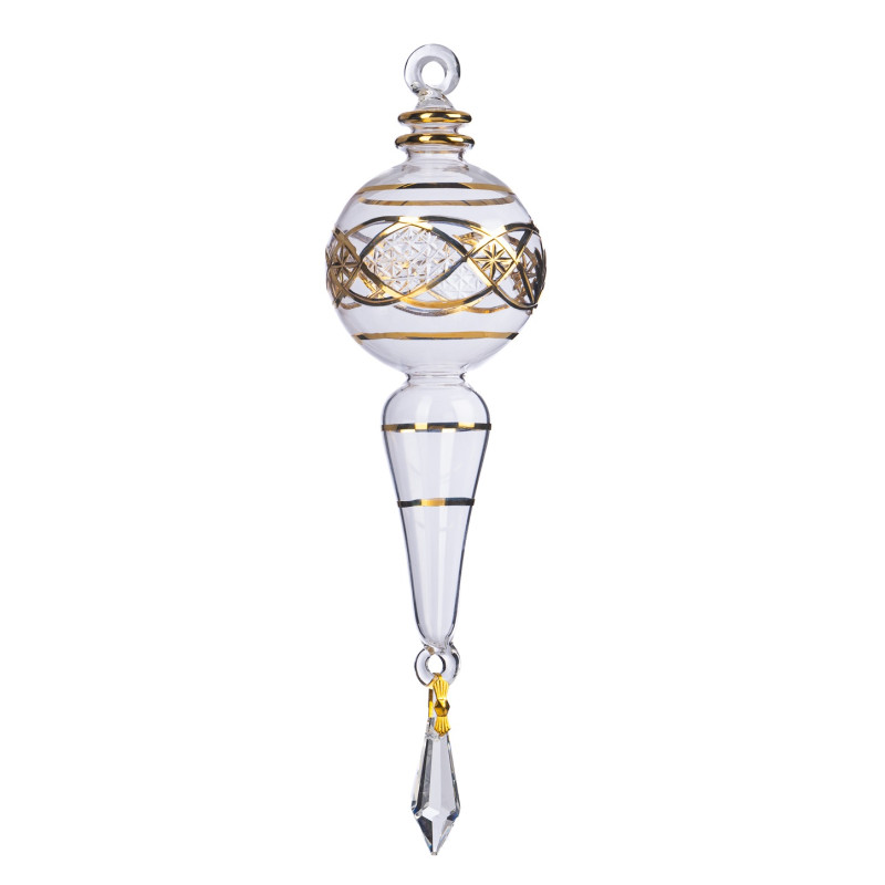 + HAND BLOWN GLSS DROP FIN.ORN CLR/GLD 21CM
