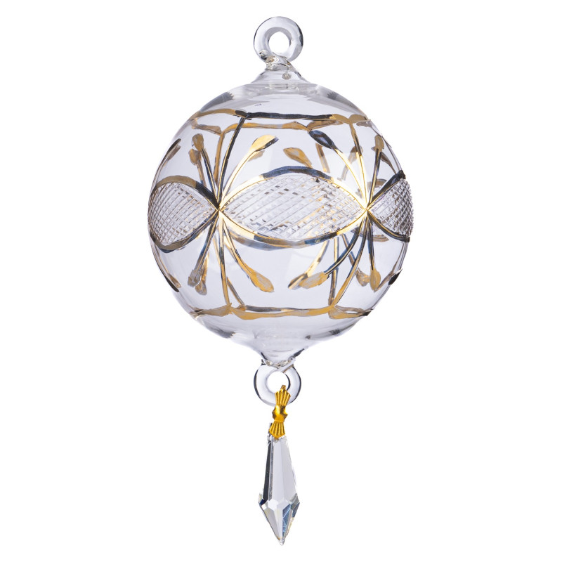 + HAND BLOWN GLSS NET BALL W/DROP CLR/GLD 16CM