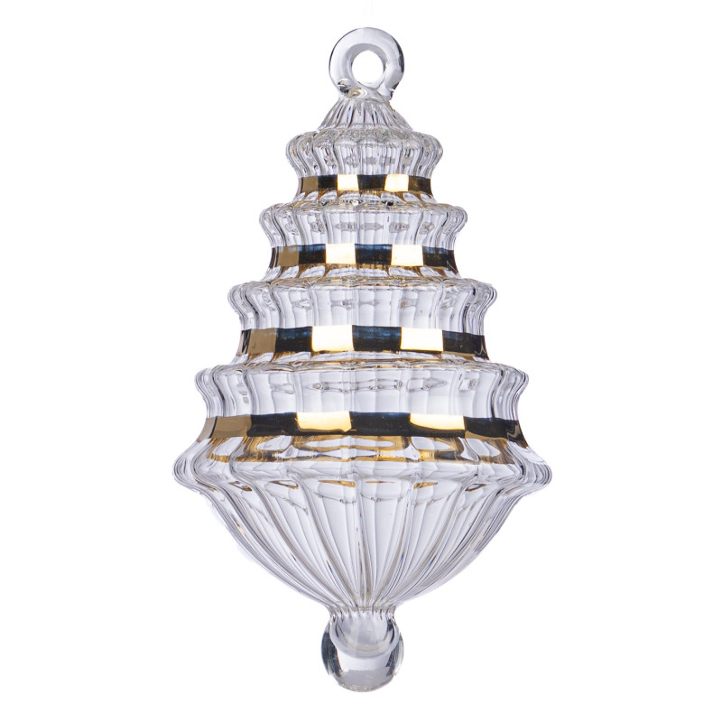 + HAND BLOWN GLSS STRIPE TREE ORN CLR/GLD 12CM