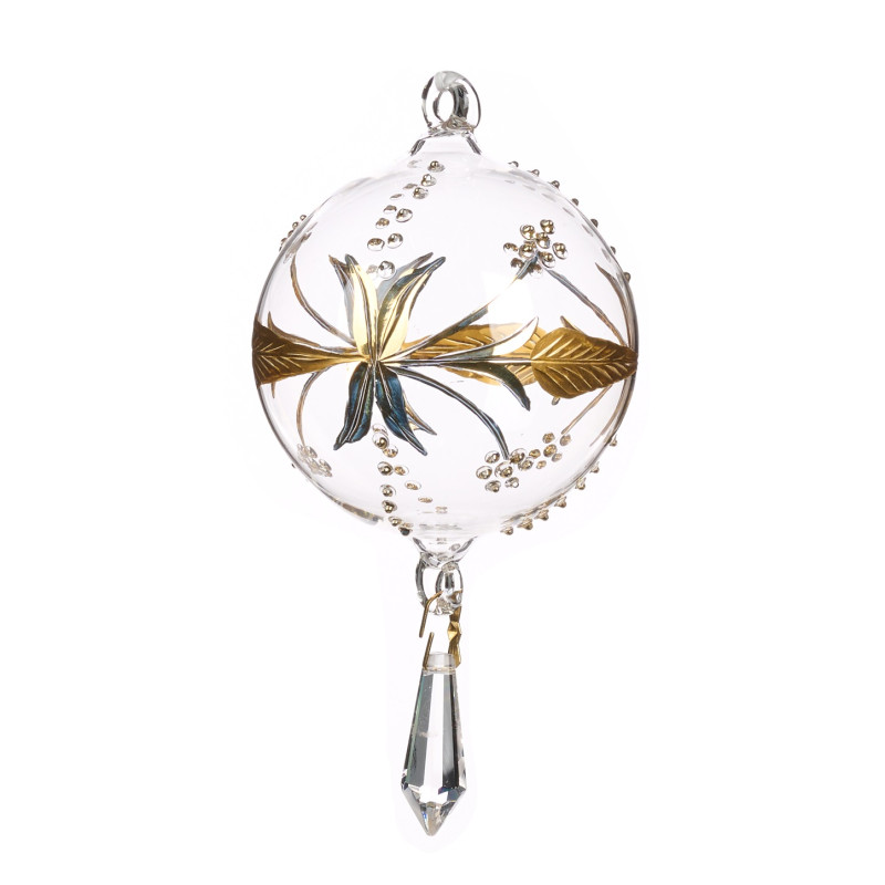 + HAND BLOWN GLSS LEAF BALL W/DROP CLR/GLD 17CM