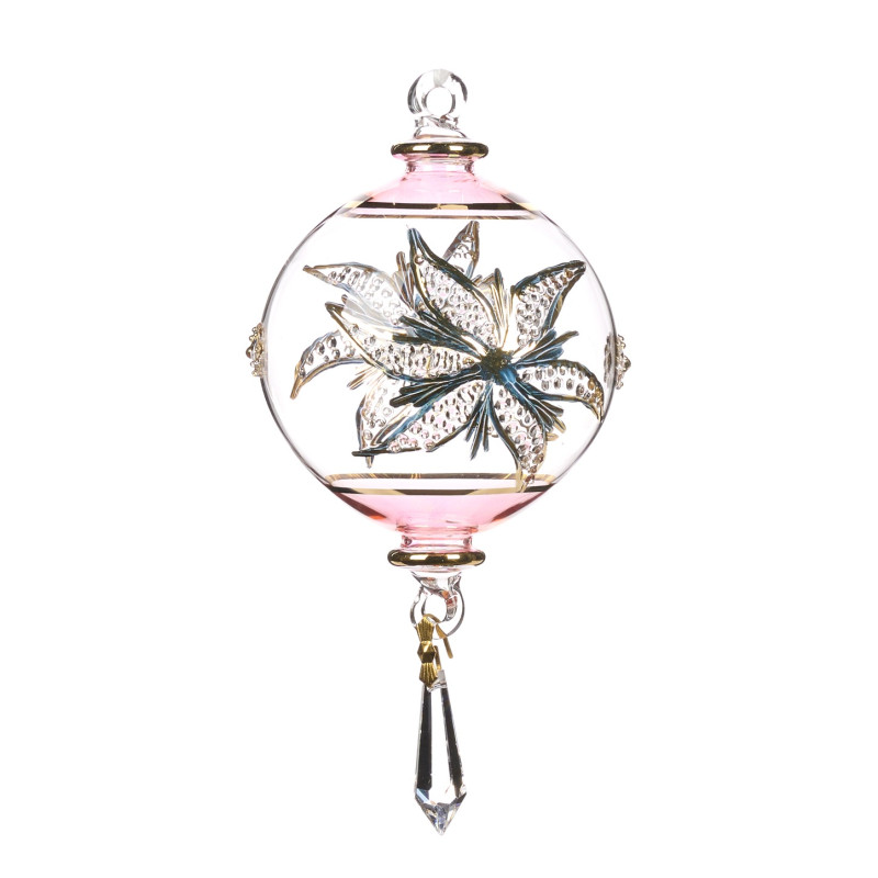 + HAND BLOWN GLSS FLOWER BALL W/DROP PNK/CLR 17CM