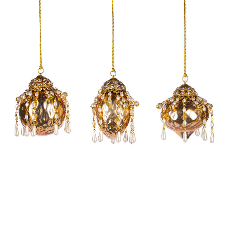 GLSS DANGL.PEARLS TEXT.BALL/FIN.ORN ASS/3 GLD 9CM