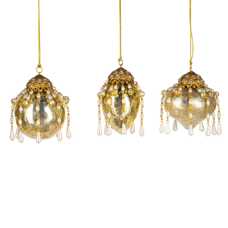 GLSS DANGL.PEARLS BALL/FIN.ORN ASS/3 GLD 9CM