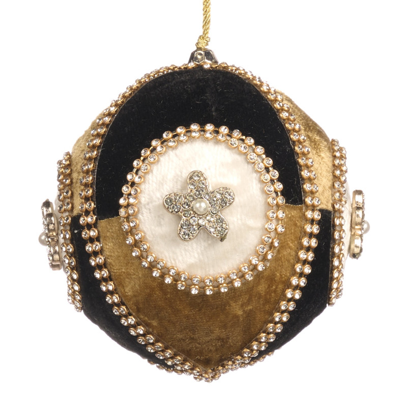 FABR.JEWEL FLOWER BALL BLK/WH/GLD 10CM