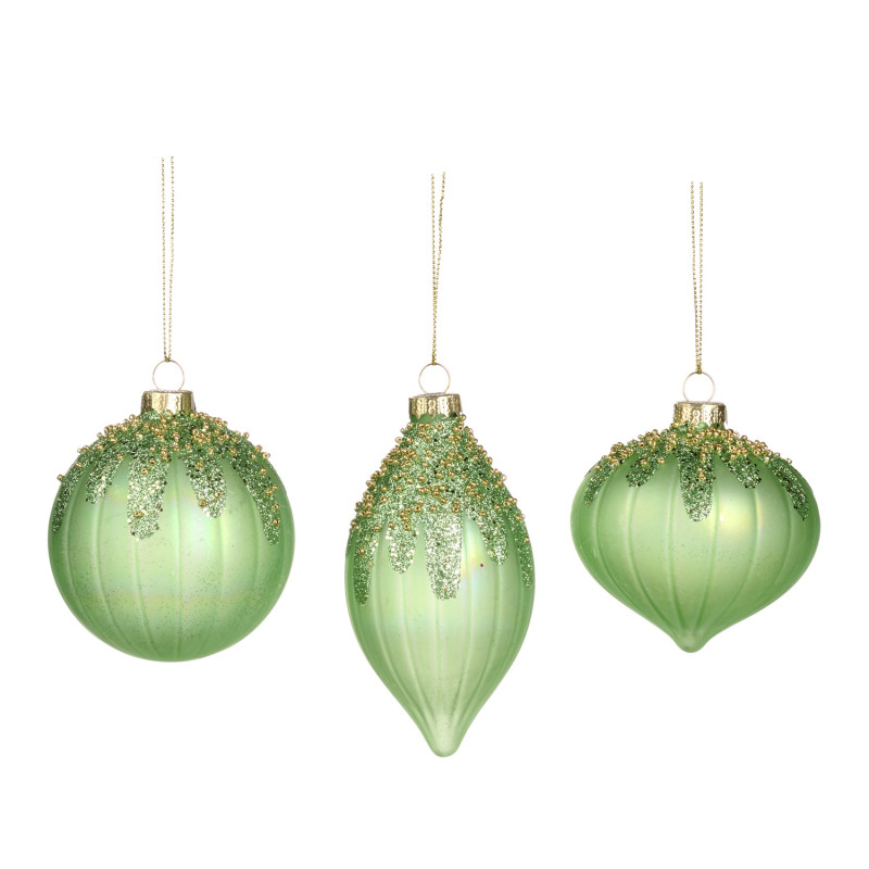 GLSS BEAD.ICING BALL/FIN.ORN ASS/3 GRN/GLD 8CM