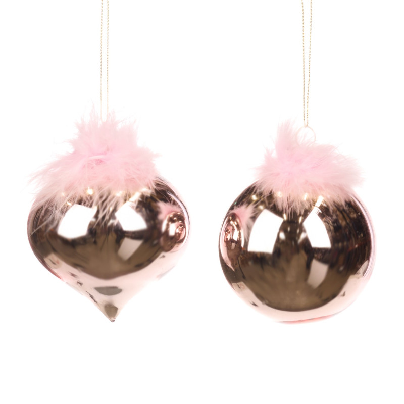 GLSS PLUME TOP BALL/ONION ORN ASS/2 PNK 8CM
