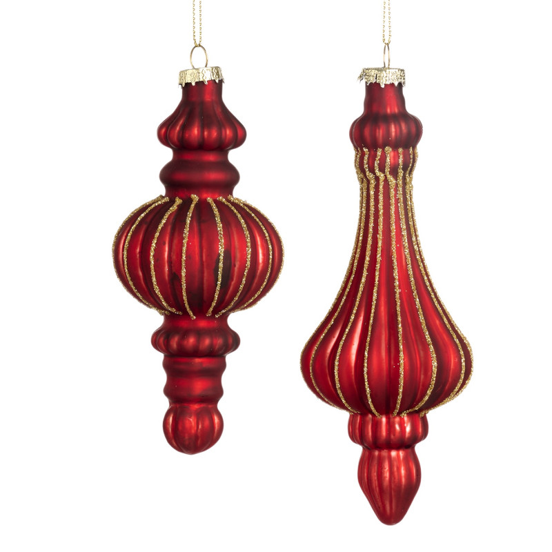 GLSS 3D RIBB.FINIAL ORN ASS/2 RD/GLD 18CM