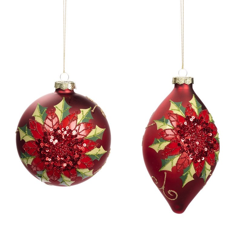 GLSS SEQ.POINSETTIA BALL/FIN.ORN ASS/2 RD 10CM