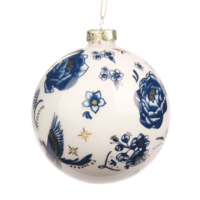 GLSS FLOWER/BIRD BALL WH/BLU 10CM