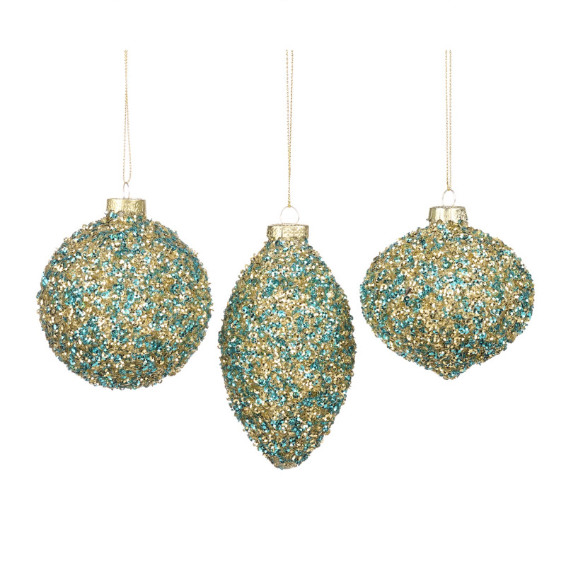 GLSS SEQ.COVERED BALL/FIN.ORN ASS/3 BLU/GLD 8CM