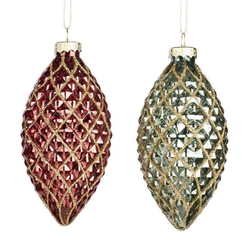 GLSS 3D NET PINEC.FINIAL ORN ASS/2 RD/GRN 13CM