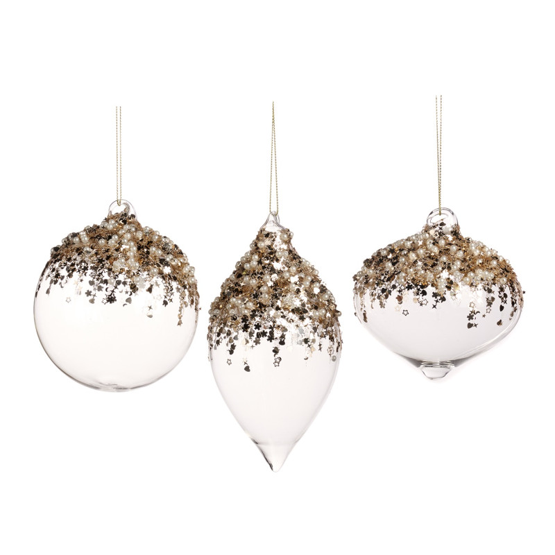 GLSS PEARL/FOIL TOP BALL/FIN.ORN ASS/3 GLD/CLR 10CM