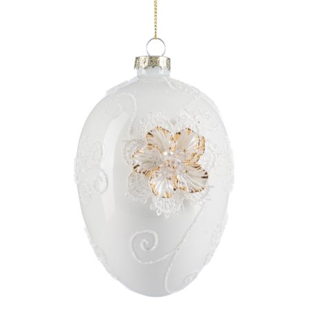 + GLSS 3D FLOWER/LACE EGG ORN WH/GLD 12CM