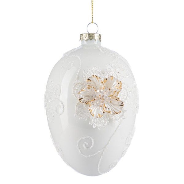 + GLSS 3D FLOWER/LACE EGG ORN WH/GLD 12CM