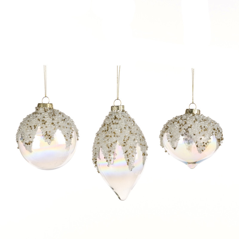 + GLSS IR.PEARL TOP BALL/FIN.ORN ASS/3 CLR/WH 8CM