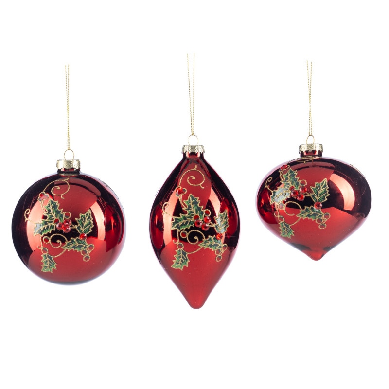 GLSS JEWEL HOLLY/BERRY BALL/FIN.ORN ASS/3 RD 10CM