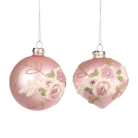 + GLSS EMBR.FLOWER BALL/ONION ORN ASS/2 PNK 8CM