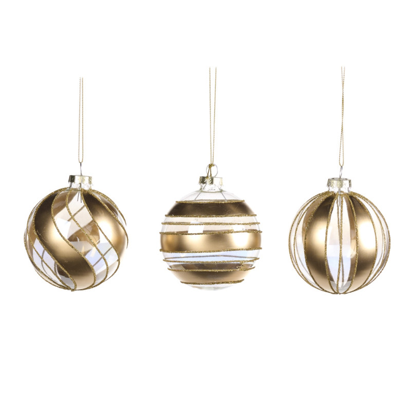+ GLSS STRIPE/SWIRL BALL/FIN.ORN ASS/3 GLD/CLR 8CM