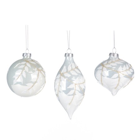 + GLSS GLT LEAF/TWIG BALL/FIN.ORN ASS/3 WH 8CM