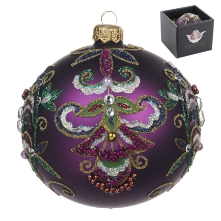 + GLSS FLOWER DAMASK BALL IN BOX PRPL/GRN 10CM