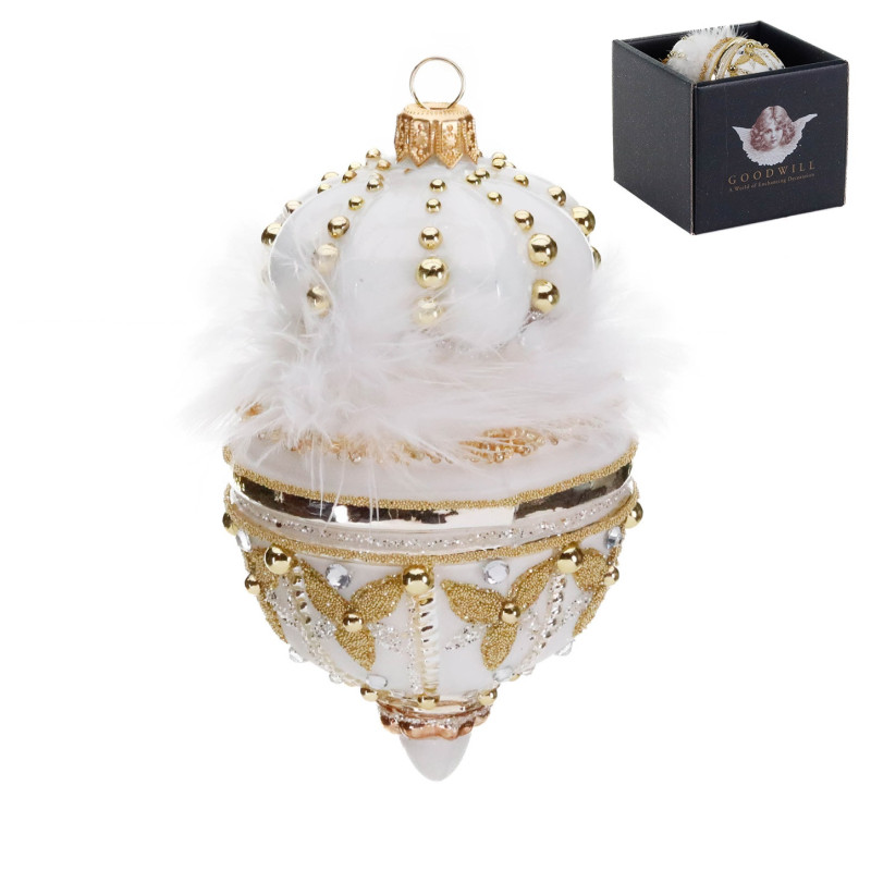 GLSS REGAL PLUME CROWN/EGG ORN IN BOX WH/GLD CM