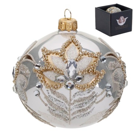 + GLSS JEWEL FLOWER BALL IN BOX WH/CHAMP/SLV 10CM