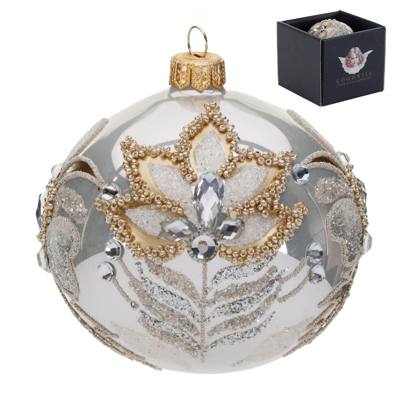 + GLSS JEWEL FLOWER BALL IN BOX WH/CHAMP/SLV 10CM