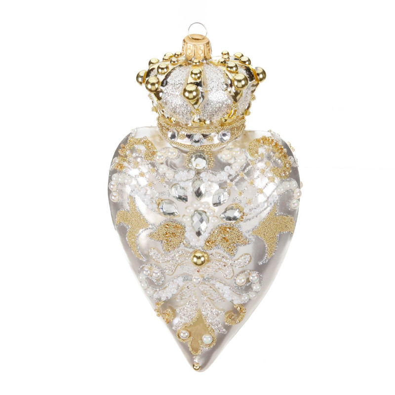 GLSS PEARL HEART W/CROWN ORN IN BOX WH/GLD CM
