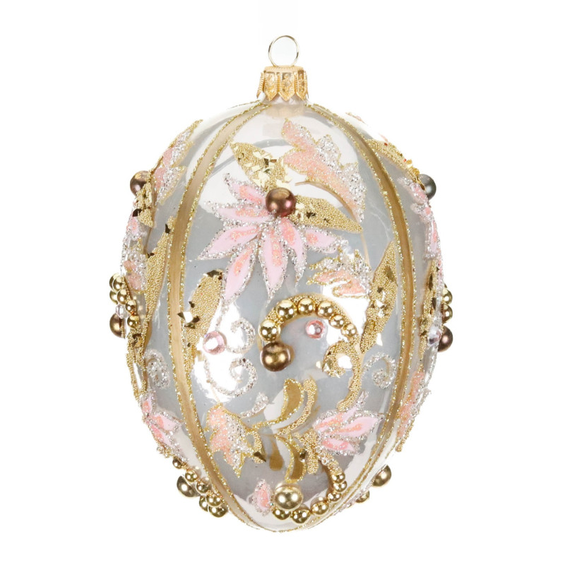 GLSS BEAD.FLOWER EGG ORN IN BOX CRM/PNK/GLD CM