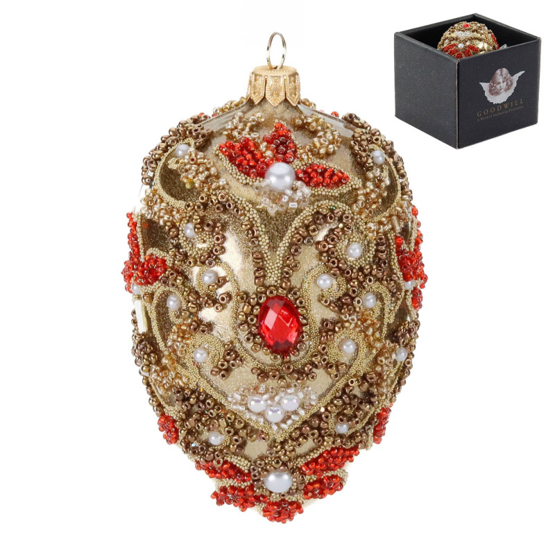 GLSS JEWEL EGG ORN IN BOX GLD/RD/WH CM