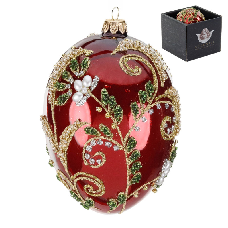 GLSS PEARL FLOWER EGG ORN IN BOX RD/GLD CM