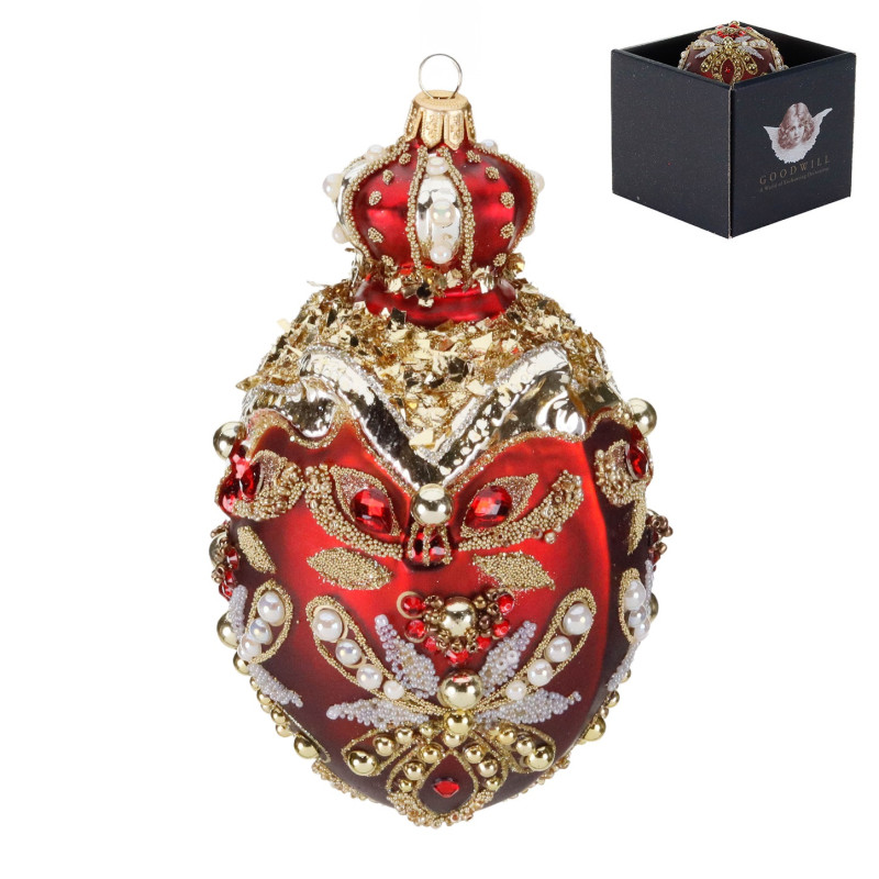 GLSS JEWEL EGG W/CROWN ORN IN BOX RD/GLD CM