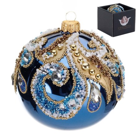 + GLSS JEWEL SWIRL BALL IN BOX BLU/GLD/WH 10CM