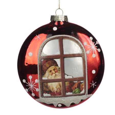 + GLSS SANTA WINDOW RND DISC ORN RD/WH 13,5CM