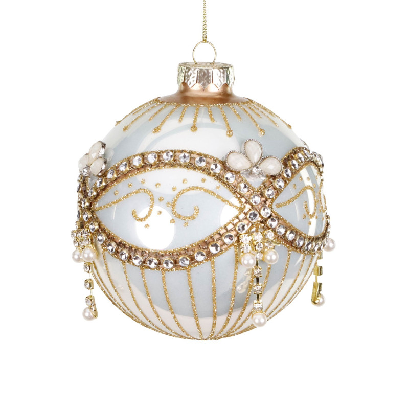 GLSS JEWEL/PEARL DANGLE  BALL WH/GLD 10CM