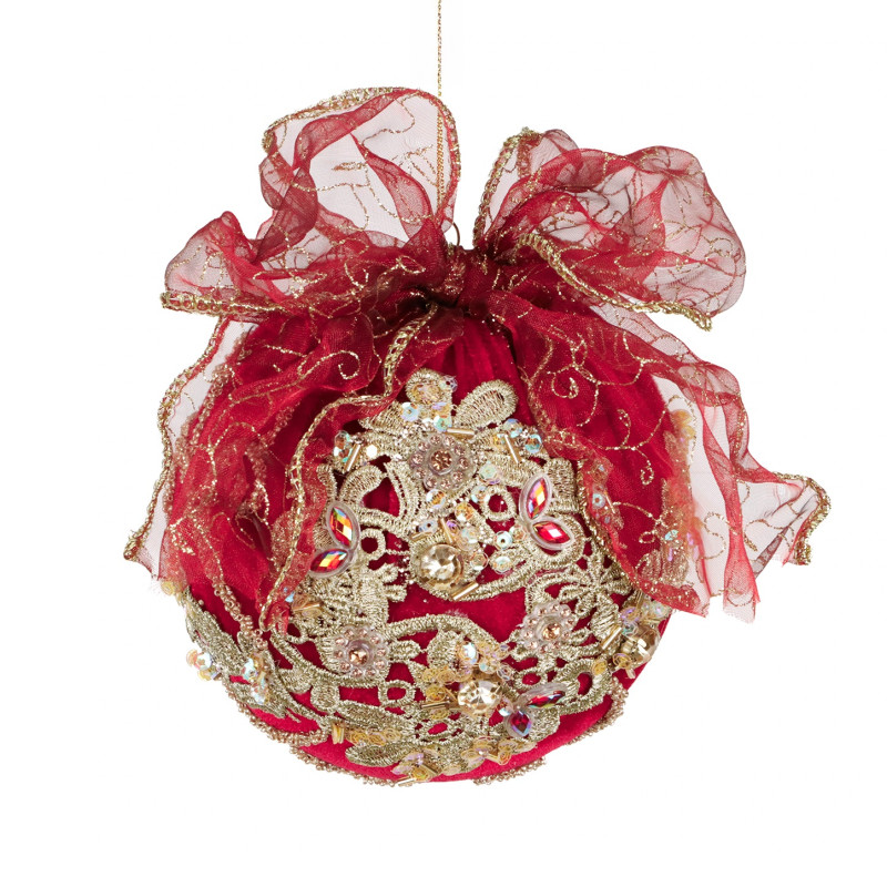 FABR.JEWEL LACE BALL W/BOW RD/GLD 16,5CM